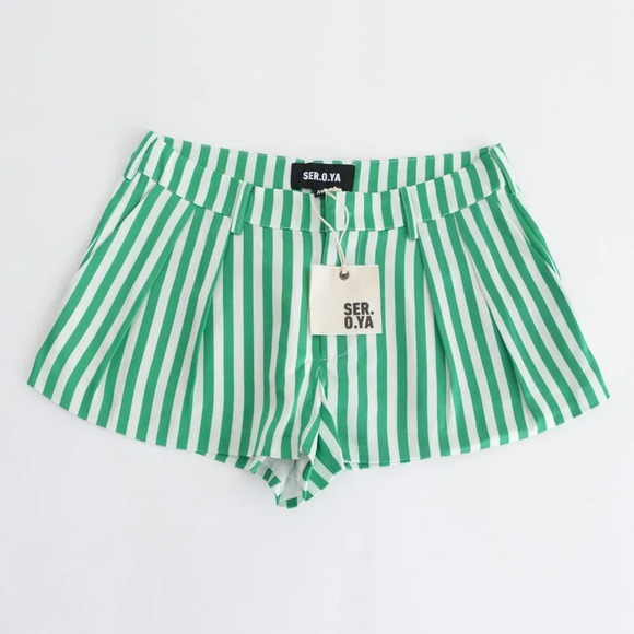 SER.O.YA Wren Wide Leg Short Kelly Green & White Stripe Silk Shorts XS NWT - Picture 3 of 7